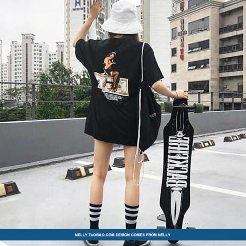 Summer American Style Printed Round Neck Short-Sleeved T-Shirt Female Couple Black Street Fashion Clothes