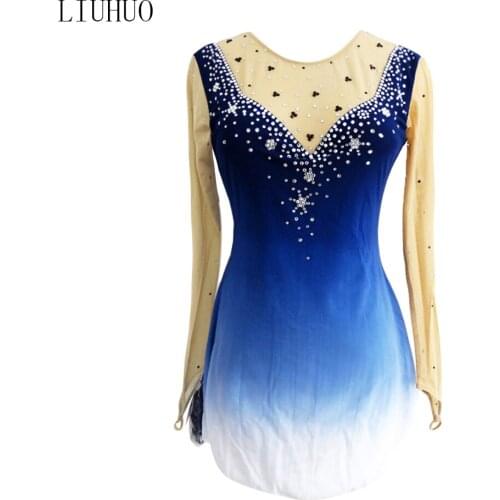 LIUHUO Custom Figure Skating Dress Girls Blue Gradient flatback rhinestones Quality Crystals Long Sleeves for Ice Skating dress