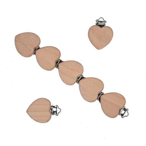 Mabochewing 5pcs Heart Shape Safe Metal Beech Wood Clips Baby Teething Jewelry Pacifier Clip