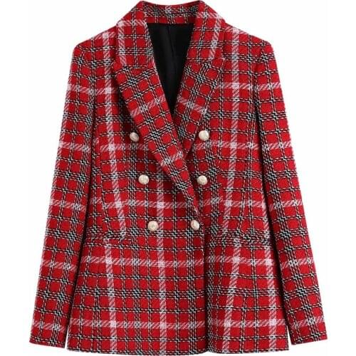 Merodi Autumn Chic Lady Vogue Plaid Za Red Long Blazer Outwear Women Stylish Double Breasted Winter Thick Jackets Coats Suits
