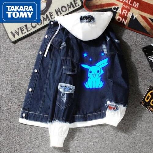 TAKARA TOMY Pokemon fashion trend cartoon luminous cardigan jacket simple and comfortable fake two-piece hooded denim jacket