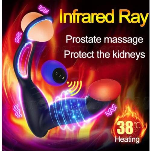 Powerful Vibrating Infrared Male Prostate Massager Heating Vibrator Anal Plug with Delay Ejaculation Ring Sex Shop Toys for Man