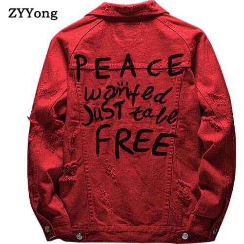 ZYYong Mens Letter Embroidery Red Denim Jacket Lapel Mens Holes Ripped Denim Coat Outerwear Fashion Casual Denim Jacket Men