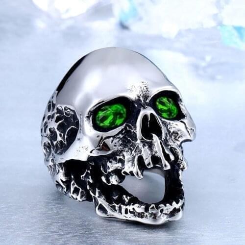New Exaggerated Bohemian Green Crystal Inlaid Skull Ring Mens Ring Fashion Metal Skull Crystal Inlaid Ring Accessories Jewelry