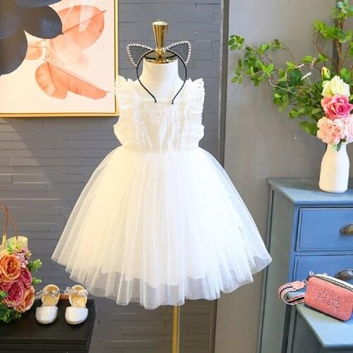 New Summer Girls Lace Ruffle Sleeve Girls Birthday Party Dress Elegant Kids Wedding Evening Flower Girl White Gown Dress Clothes