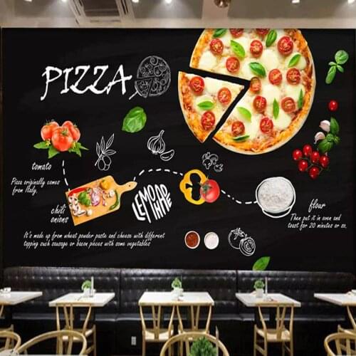 Custom Wallpaper Black Hand-painted Pizza Fast Food Restaurant Background Wall Papers For Walls 3 D Mural Papel De Parede Decor