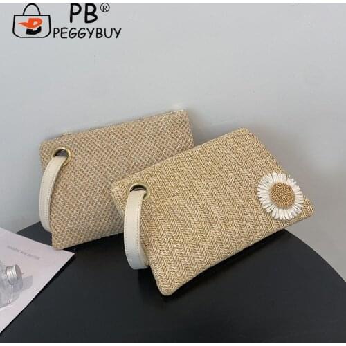 Vacation Casual Ladies Small Phone Pocket Women Beach Sunflower Wristlet Bag Casual Vintage Small Woven Purse
