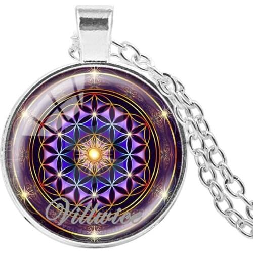 VILLWICE colorful flower of life pendant chakra necklace sacred geometry art glass cabochon mandala jewelry for women gifts 2018