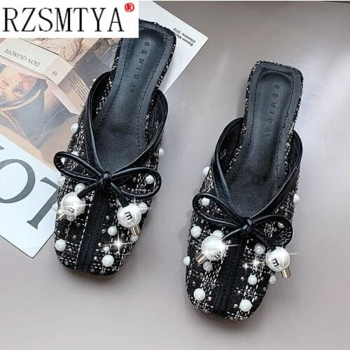2021 Spring Women Mules Shoes Square Toe Slip on Bowtie Flats Home Shoes Casual Low Heel Outdoor Slipper Slides Sandal Flip Flop