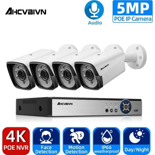H.265 4CH 5MP POE Security Camera System Kit 4PCS 5MP HD POE IP Outdoor Waterproof CCTV Video Surveillance Audio Record Camera