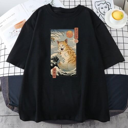 Ukiyo e Cat Cute Cartoons Print Tshirt Man Hip Hop Sweat Casual T-Shirt Pattern Sweat Summer New Tops Fashion Loose Tshirt Male