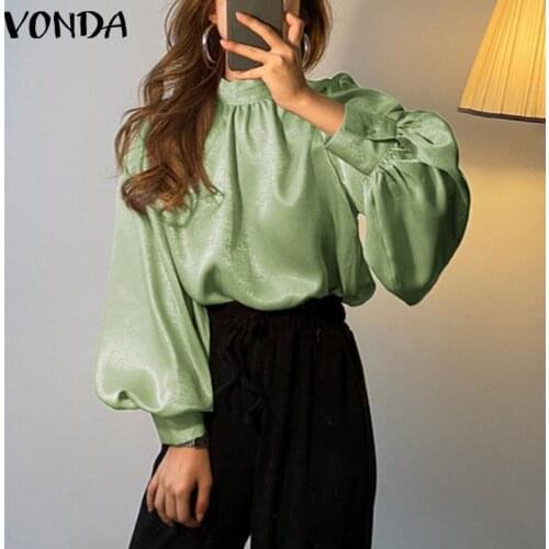 Women Elegant Blouse Sexy Office Ladies Chiffon Blouse 2021 VONDA Long Sleeve Mock Neck Pleated Tops Blusas Femininas Plus Size