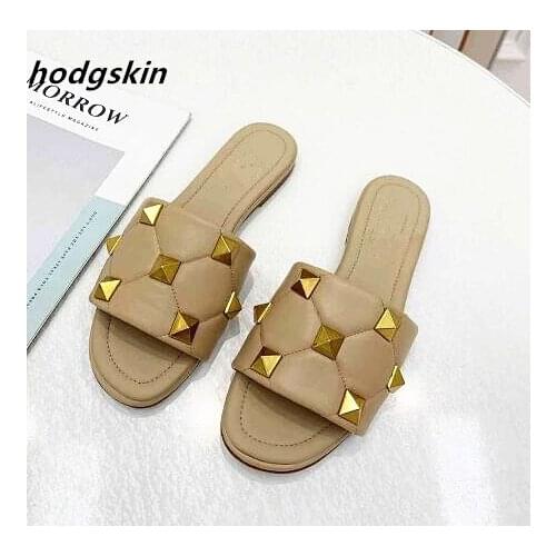 Nude Leather Gold Rivets Woman Mules Slides Women Plaid Flats Womens Slippers Female Outdoor Plus Size 42