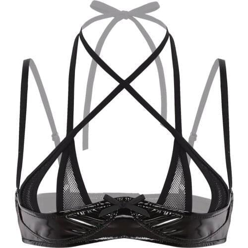 Womens Erotic Lingerie Bra Wetlook Patent Leather Halter Neck Adjustable Spaghetti Shoulder Straps Front Cross Shelf Bra Top