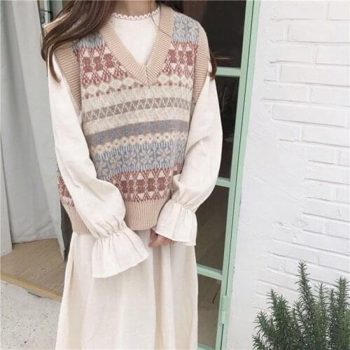 2021 Spring Autumn O-neck Sweater Knitted Vest Korean Tops for Women Clothing Oversized Vintage Sleeveless Kawaii Punk Pullover
