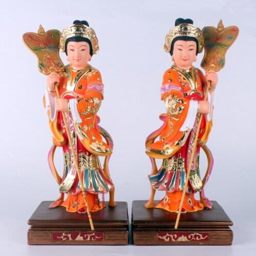 30CM TALL - A pair - high-grade Home efficacious Talisman Mascot Goddess maidens for Guanyin Mazu color drew Sculpture statue