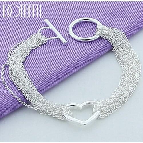 DOTEFFIL 925 Sterling Silver Heart Multi-Line Chain Bracelet For Women Wedding Engagement Jewelry