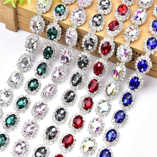 New Silver Metal Oval Glass Crystal Rhinestone Cup Chain Sew on Wedding Dress Belt Dance Clothes Shoes Bags Decoration Trim
