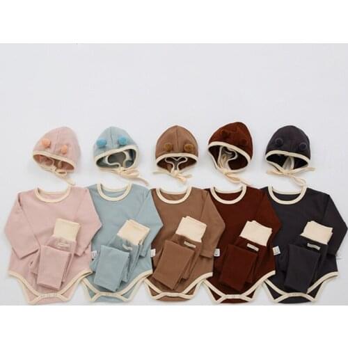 Korean Style Baby Boy Girl Outfit Romper+Pant+Cute Ears Hat Suit Long Sleeves Solid Color Infant Baby Casual Clothes Bodysuit