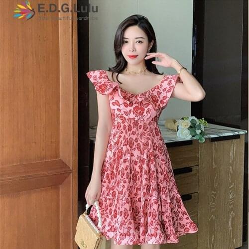EDGLuLu Women Off Shoulder Short Sleeve Floral Ruffle Mini Dress Summer Office Lady V Neck Printed Loose Casual Beach Dress 0331