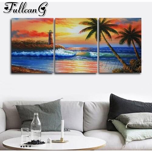 FULLCANG 5d diy diamond embroidery Sunset seascape tree scenery diamond painting triptych full square round drill decor FC3411