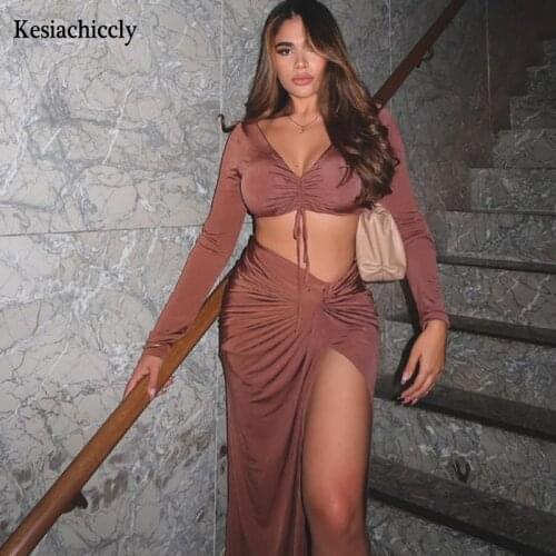 Kesiachiccly Lace Up Fashion Elegant Sexy Maxi Dresses Split Summer Long Dress for Women Long Sleeve Solid Outfits Vestido