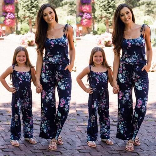 Family Matching Mommy and Me Floral Printed Jumpsuit Mother Daughter Kid Women Floral Strappy Playsuits Clothes Romper