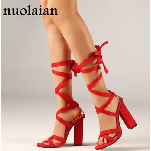 11CM Red Faux Suede Leather Women Heeled Sandals Summer Ankle Strap Pumps Woman High Heel Shoes Lady Party High Heels Shoe