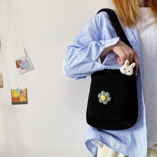 Fashion Solid Plush Flower Shoulder Handbags Cute Women Rabbit Pendant Pin Large Capacity Shopping Totes Satchel