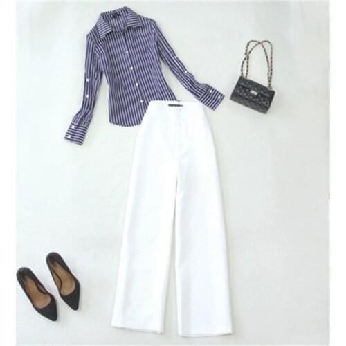 Fashion stripe suit female summer New blue white stripe classic long-sleeved shirt + white high waist wide leg pants two-piece