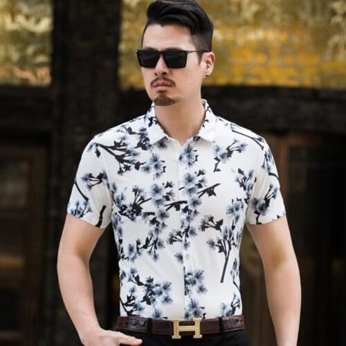 Man Fashion Dress Shirt Summer Floral Printed Shirts Male Short Sleeve Clothes Free Shipping
