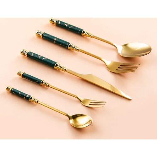 Nordic 5-piece ceramic stainless steel cutlery set creative marble cutlery coffee spoon emerald fruit fork