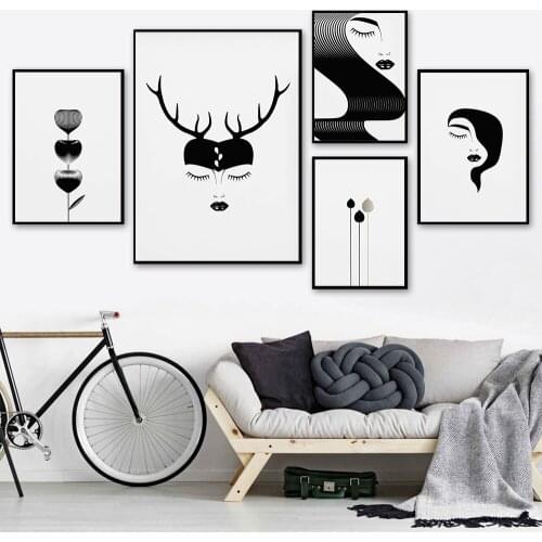Black White Gallery Wall Art Minimalist Posters Prints Canvas Paintings Abstract Girl Face Pictures For Living Room Home Decor