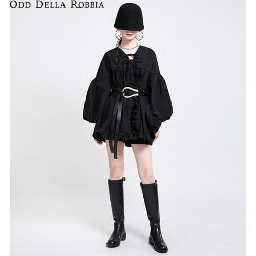 OddDellaRobbia 2021 Fall Womens Fashion Lolita Lace V-neck A-line Skirt High Waist Lantern Sleeve Lace Loose Dress 1544