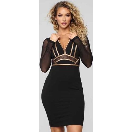 Wholesale 2020 Newest Women black long sleeve Deep V-neck high quality Sexy nightclub Celebrity Party bandage dress(H2749)