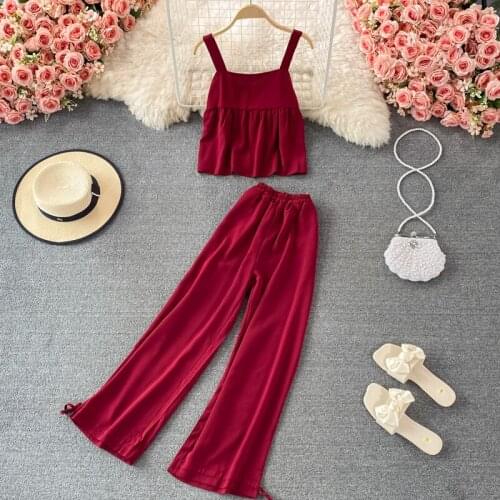 Sexy Sleeveless Suspender Top And Loose Straight Pants New 2021 Summer Fashion Ladies Two Piece Suit Solid Casual Women Sets