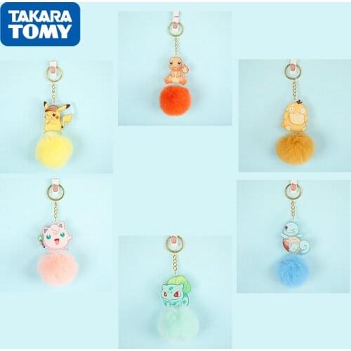 Pokemon Genuine New Detective Pikachu Keychain Anime Character Model Pendant with Rabbit Fur Ball Toy Children Gift