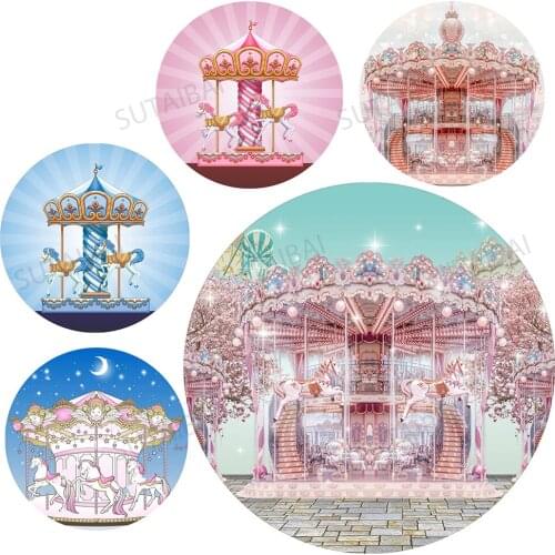 Pink Carousel Playground Round Backdrop FairyTale Girl Party Circle TableclothBaby Shower Birthday Circus Photo Background Cover