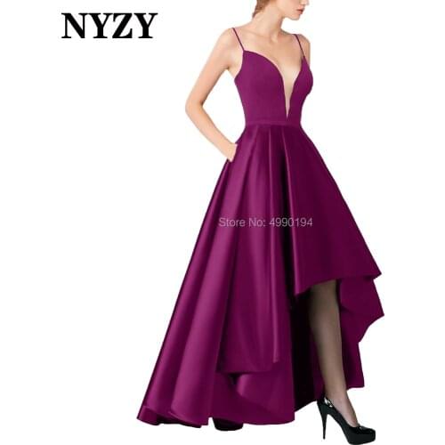 Chic High Low Short Prom Dresses 2020 NYZY P101E Fuchsia Satin Formal Party Dress Red Carpet Celebrity Robe de soiree