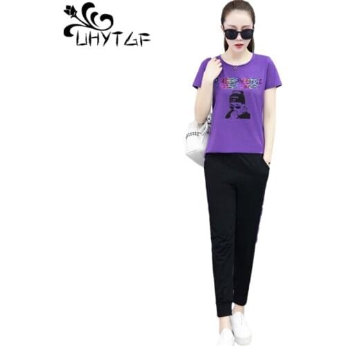 UHYTGF Elegant Womens Tracksuit Short-Sleeved Pullover T-Shirt Tops Casual Summer Two Piece Set Female Loose Plus Size Suit 1304
