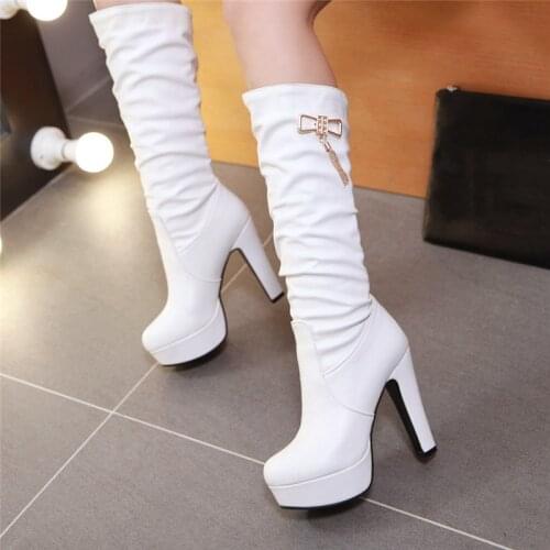 YQBTDL 2021 Fashion Spring Knight Riding Long Spike High Heel Boots Mid Calf High Womens White Black Botas Ladies Big Size Shoes