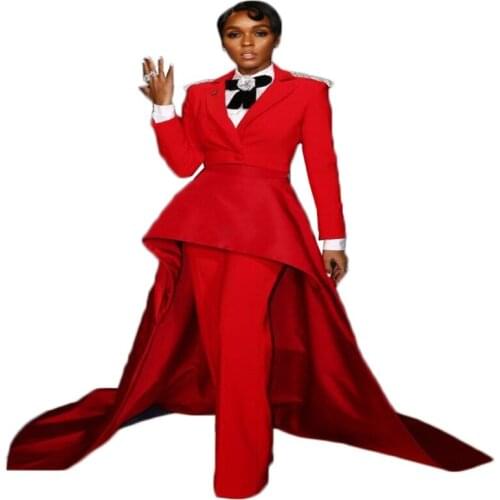 Red Long Train Women Suits 2 Pieces Lapel Modern Beads On Shoulder Fashion Formal One Button Party Suits For Women Custom Made