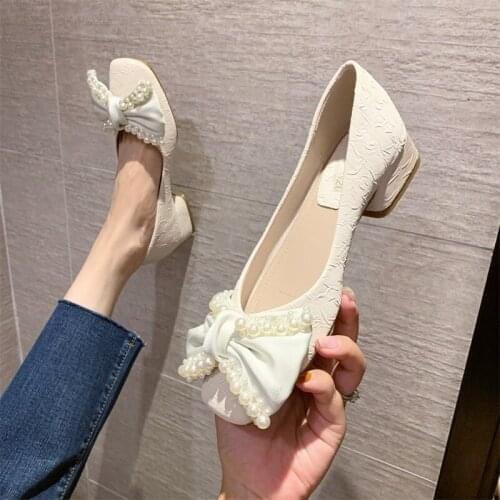 Koovan Womens Heels Shoes 2021 Fairy Bowknot Soft Bottom Shoes Comfortable Leisure Womens Pumps New Square Shoes For Women
