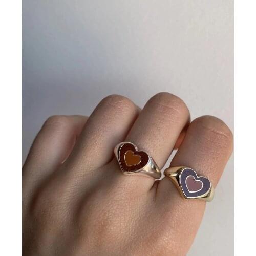 2021 Ins Creative Simple Colorful Double Layer Love Heart Ring Vintage Heart Rings For Women Girls Fashion Jewelry