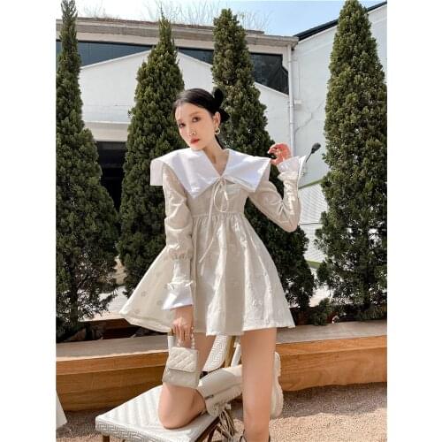 2021 New Spring Womens Sweet Kawaii Fashion Cute Dress Doll Collar High Waist Long Sleeve White Navy Collar Patchwork Dresses
