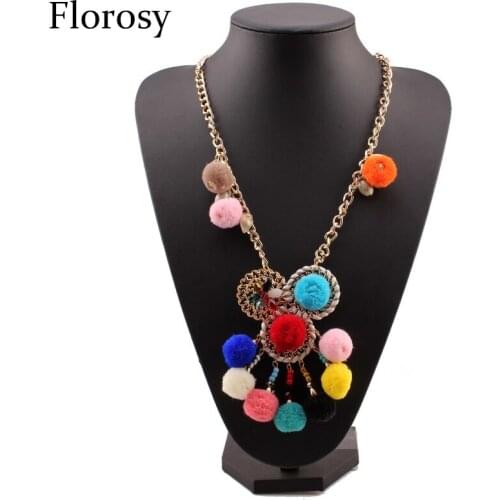 Florosy Gold Color Long Chain Necklace for Women Cotton Ball Shell Pendant Crystal Acrylic Bead Statement Handmade Necklace
