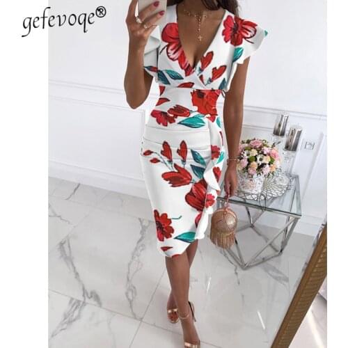 Ruffles Pleated Sleeveless Floral Dress for Women 2021 Summer Office Lady Fashion Casual V-Neck Slim Elegant Party Midi Dresses