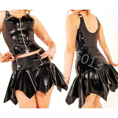 100% Rubber Latex Women Sexy Black Camisole Sling and Skirts Suit With Zipper Size XXS-XXL