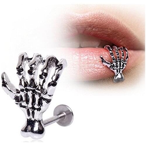 Free shippment 20pcs Body Jewelry 16G Skull Hand stainless steel body jewelry Lip piercing labret ring