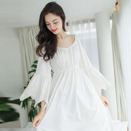 Free Shipping 2017 New Spring Womens White Princess Pijamas 95% Cotton Nightshirt Lace Sleepwear Long Vintage Nightgown